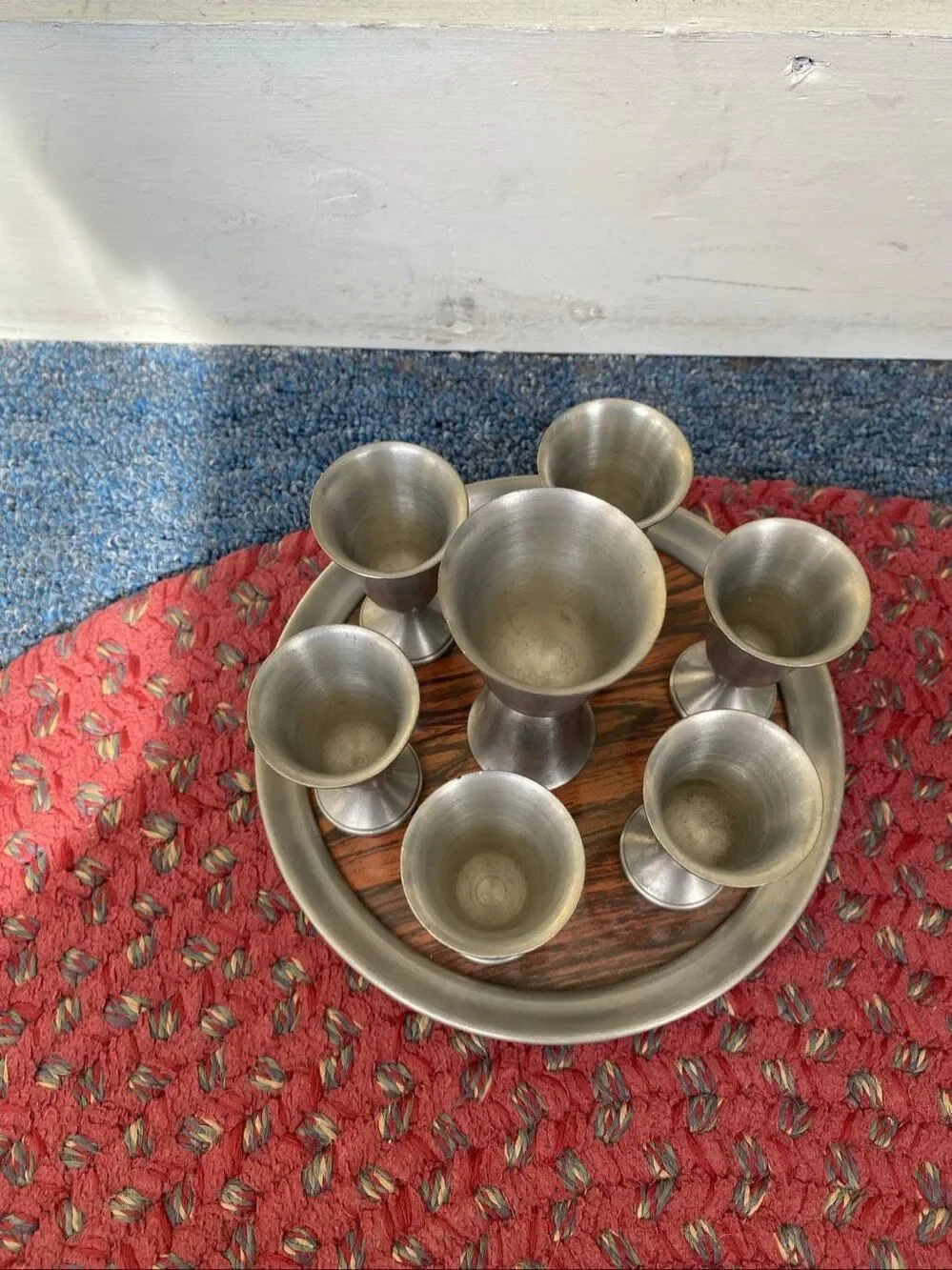 Vintage Pewter shot glass set with round tray